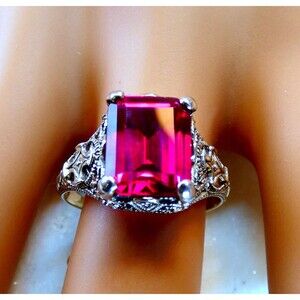 5 CT  Lab Created Ruby  Sterling Silver Ring Size 7.5 Victorian Style